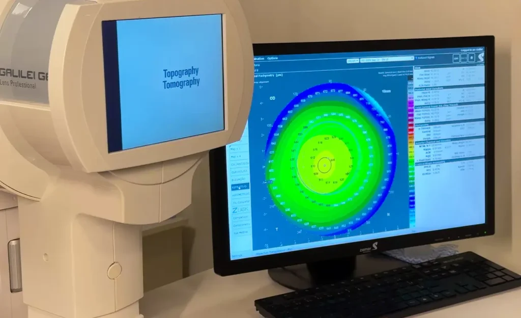Topografia de córnea na tela do aparelho, na Clínica Vision